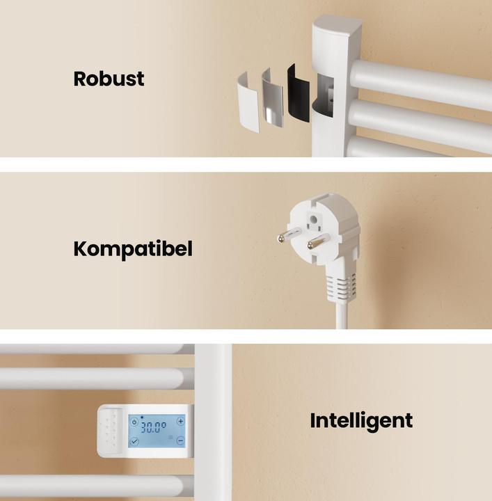 Produktbild Emke Elektrischer Handtuchheizkörper, 1200x400x43 mm, Smart Thermostat, LED-Display, 450W, Weiss (450 W)