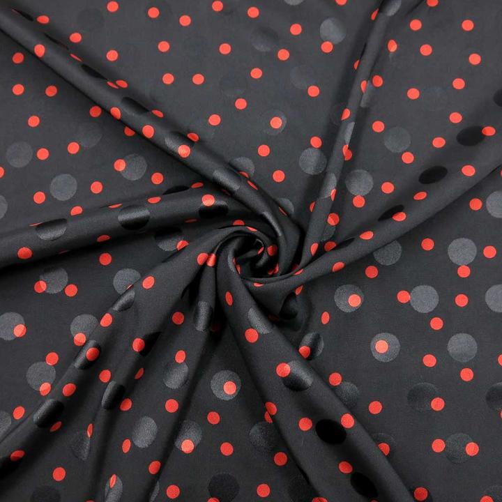 Produktbild Stoffrestposten Satin Jacquard Stretch - Polka Dots Schwarz & Rot
