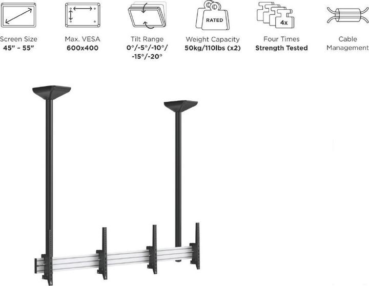 Produktbild equip Pro - Klammer für 2 LCD-Displays - Kunststoff, Aluminium, Stahl - Schwarz, Silbe (Decke, 55", 50 kg)