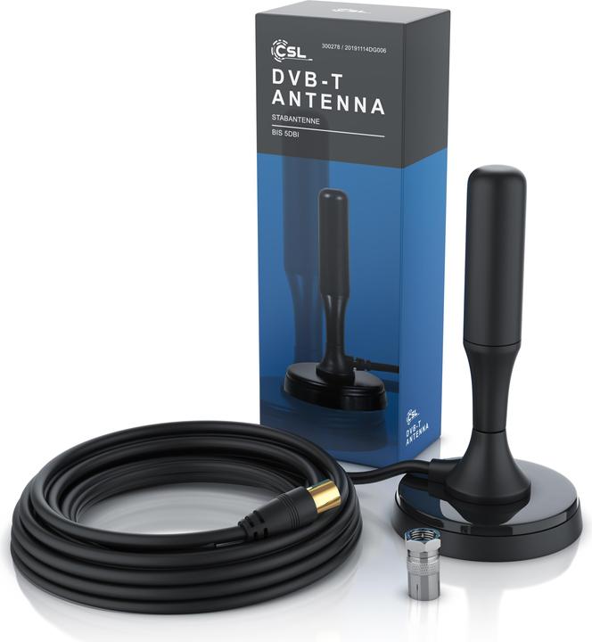 Produktbild CSL DVB-T2 Stabantenne für Innenbereich, digitale Antenne mit 4m Kabel / inkl. F-Stecker Adapter (Stabantenne, 5 dB, DVB-T / -T2)