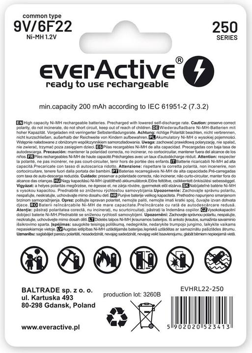 Produktbild Everactive Rechargeable 6F22 9V 250 mAh (1 Stk., 9V Block, 200 mAh)