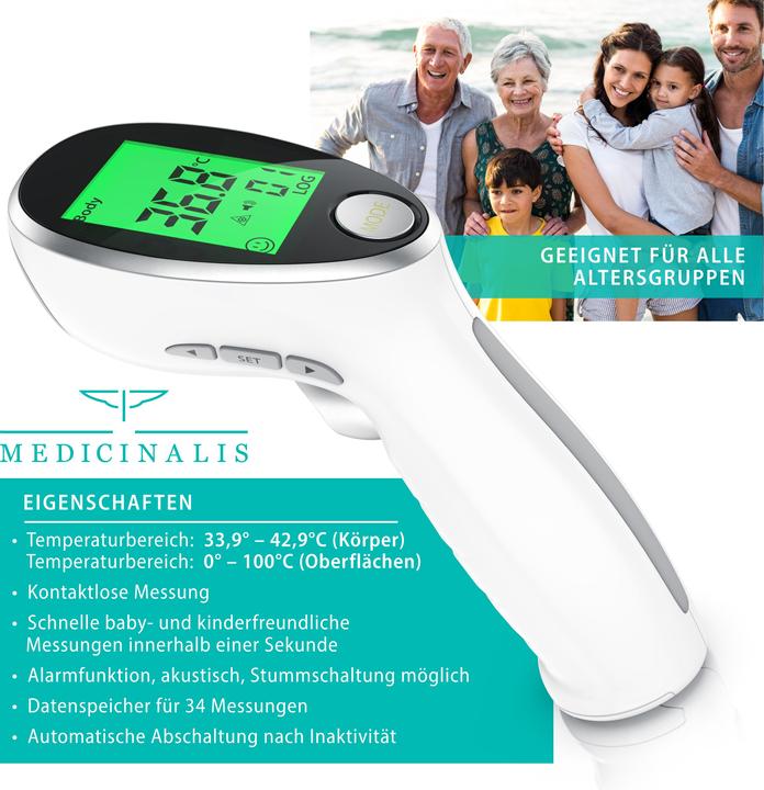 Produktbild Medicinalis Infrarot Fieberthermometer, Thermometer digital, berührungslose Messung und Oberflächenmessung (Berührungslos)