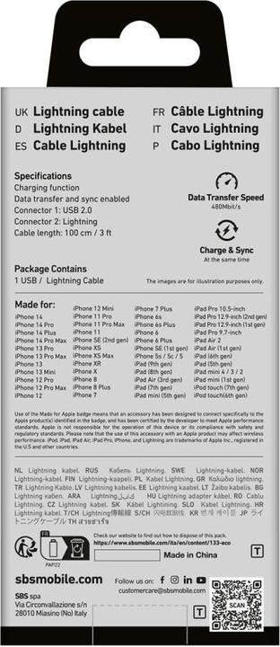 Immagine prodotto SBS Cavo dati USB 2.0 - Apple Lightning (1 m, USB 2.0)