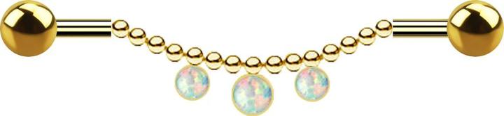 Produktbild Star Piercing Barbell vergoldet zwei Kugeln Kette drei Opale weiss (Chirurgenstahl 316L, ohne Messing)