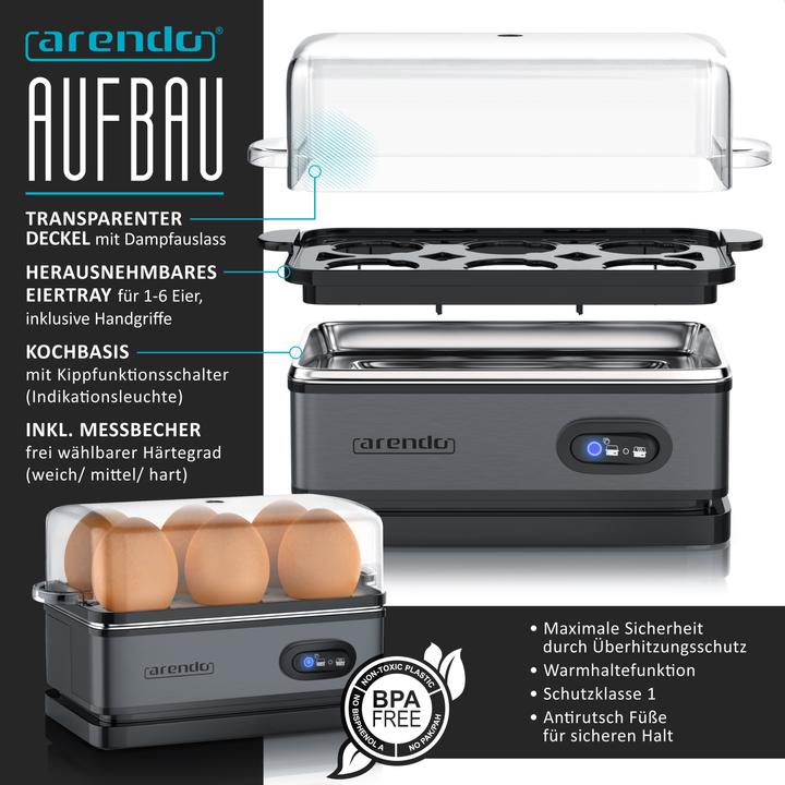 Produktbild Arendo Frühstücks Set, Wasserkocher 1,5l Temperaturwahl, 4-Scheiben Toaster & Eierkocher für 6 Eier, Grau