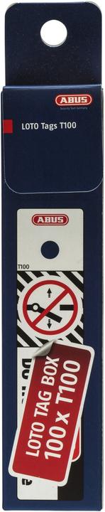 Actual product image Abus LOTO warning tag T100, small, in 100 piece dispenser, red.