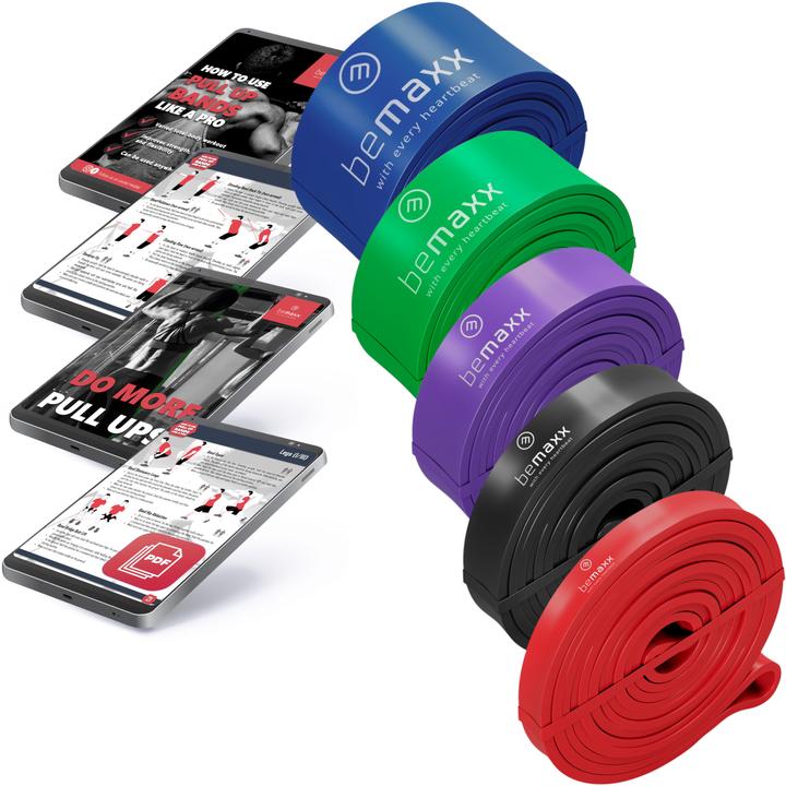 Image du produit BeMaxx Lot de 5 bandes de traction pour le fitness (rouge, noir, violet, vert, bleu)
