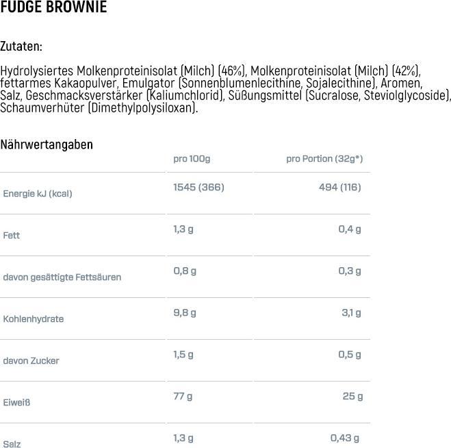 Valeurs nutritives et ingrédients Dymatize Iso 100 (Fudge Brownie, 1 pcs, 2264 g)