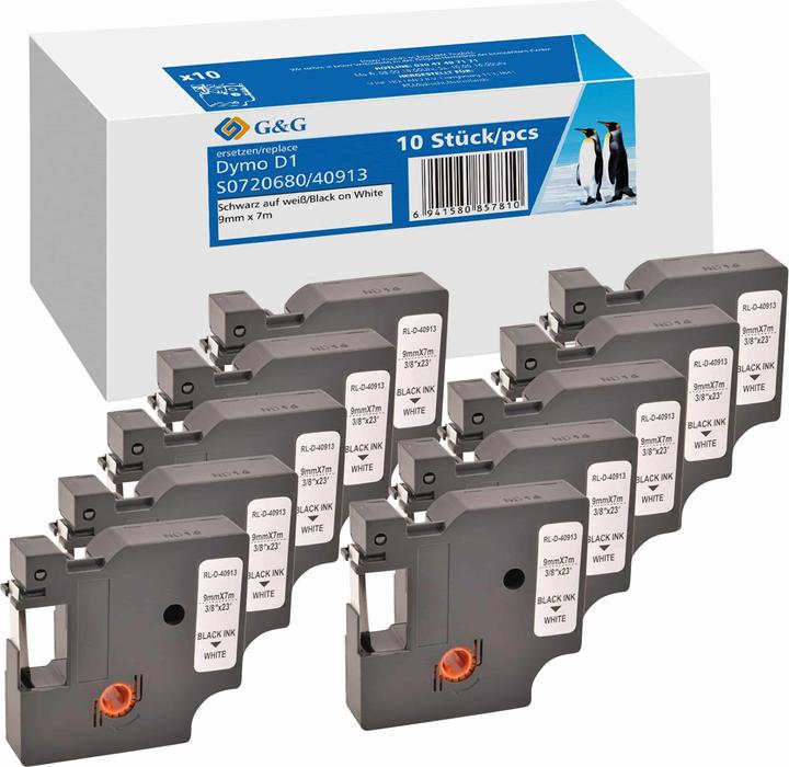 10x Schriftband -VORTEILSPACK- Kompatibel mit Dymo D1/ 40913/ S0720680/ 2093096 (0.90 cm, Weiss)