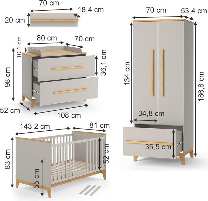 Actual product image VitaliSpa Kinderzimmer-Set Malia, Cashmere-Eiche, 5 Teile (Baby cot, Children's wardrobes, Changing unit)
