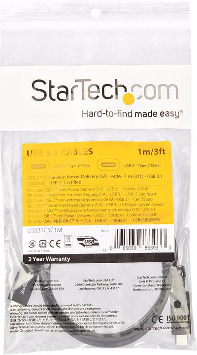 Image du produit StarTech Câble USB-C avec Power Delivery (5A) - St/St - 1m - USB 3.1 (10Gbit/s) - Certifié (1 m, USB 3.2 Gen 2)