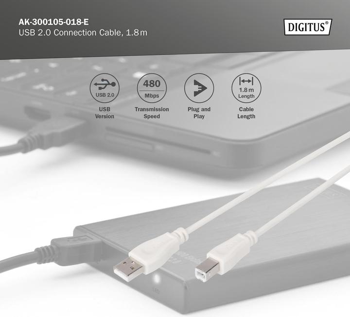 Produktbild Digitus ASSMANN USB2.0 Anschlusskabel 1,8m USB A zu USB B AWG28 beige bulk (1.80 m, USB 2.0)