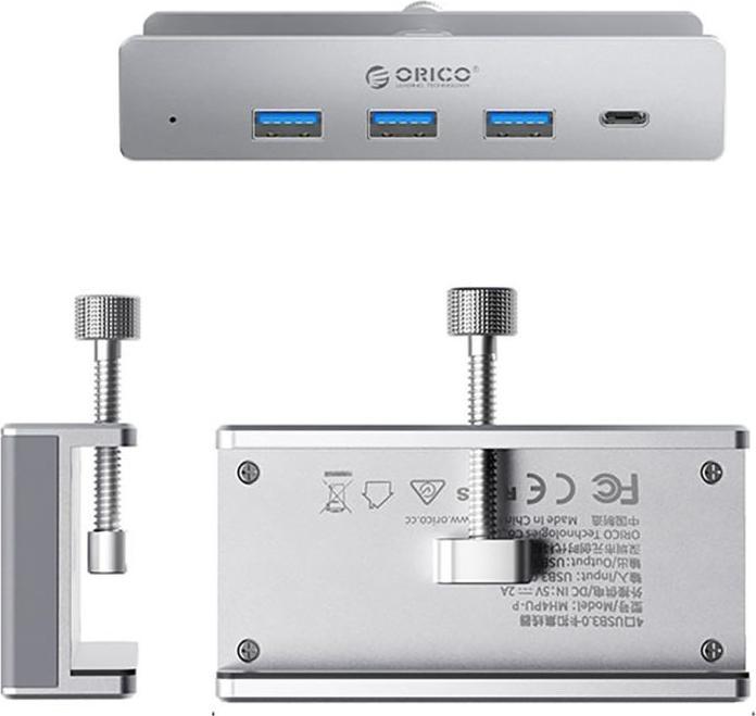 Actual product image Orico Converter MH4PC Hub Clamp-Mounted USB-C / 3x USB-A 3.0 + 1x USB-C 3.0 - Silver (USB-C)