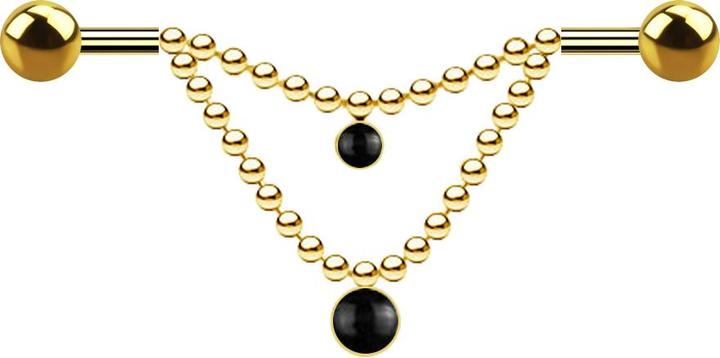 Star Piercing Barbell vergoldet zwei Kugeln zwei Ketten Onyx Stein (Chirurgenstahl 316L, Mineralisch, ohne Messing)
