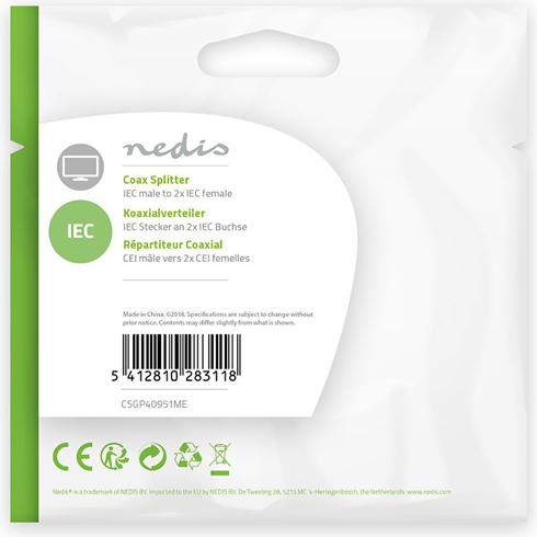 Actual product image Nedis Coax splitter IEC (Coaxia l) male - 2X IEC (Coaxia (Antenna cable)