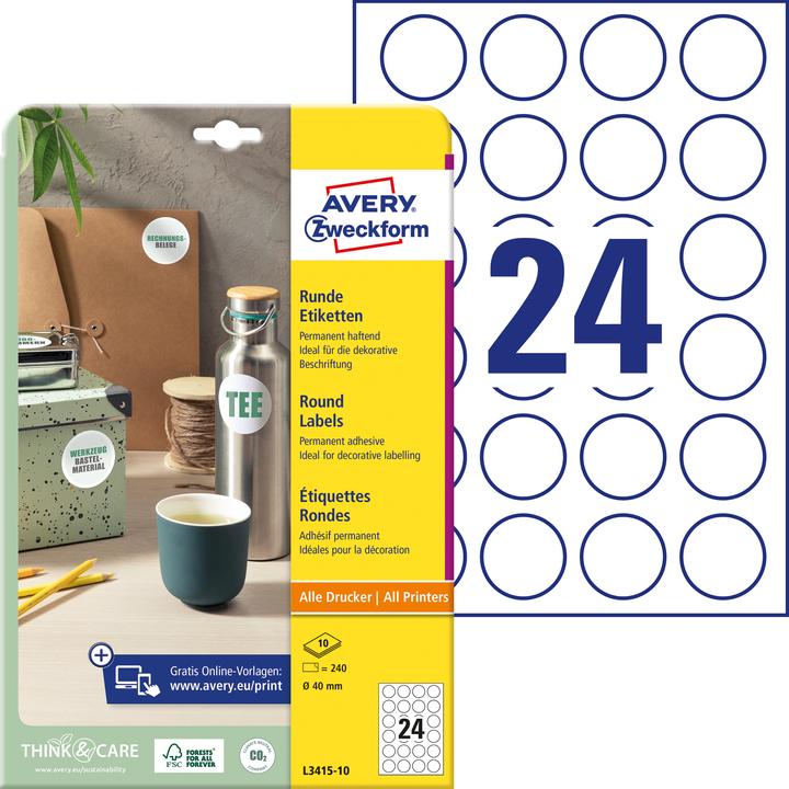 Produktbild Avery 240 Zweckform Etiketten L3415-10 weiss 40.0 x 40.0 mm