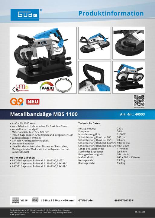 Productafbeelding Güde Metalen lintzaag MBS 1100