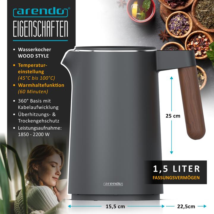 Produktbild Arendo Wasserkocher 1,5 L Edelstahl, Temperatureinstellung, Warmhaltefunktion, Griff in Holzoptik, 2200 W (1.50 l)