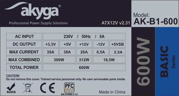 Actual product image Akyga Basic ATX Power Supply 600W AK-B1-600 Fan12cm P4 3xSATA PCI-E (600 W)