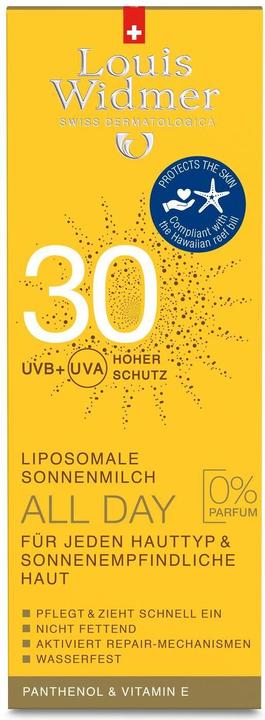 Actual product image Louis Widmer All Day Sun Milk unscented (Suntan lotion, SPF 30, 100 ml, 137 g)