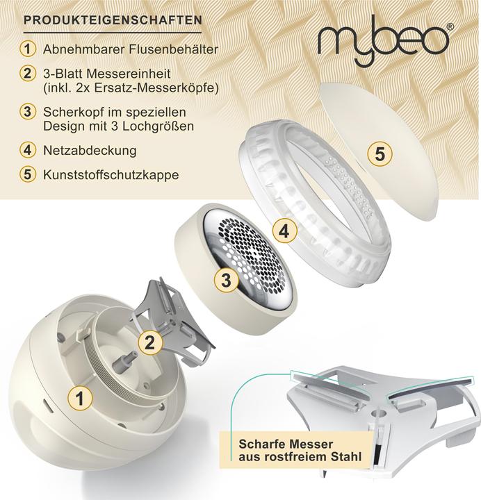 Produktbild Mybeo Fusselrasierer, Elektrischer Akku Fusselentferner beige, Sicherheitsschalter, für Kleidung & Polster
