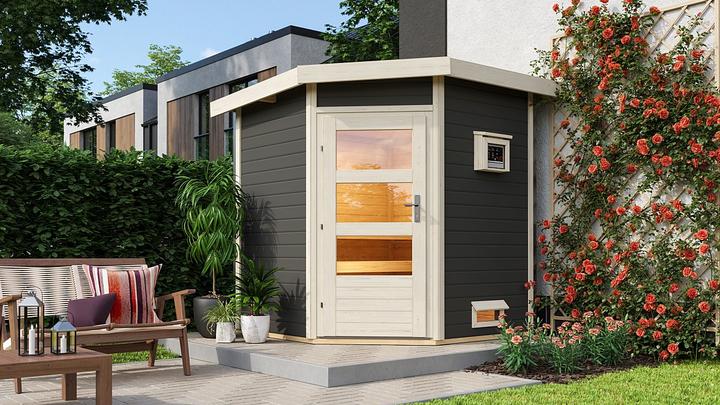 Actual product image Karibu Sauna house Pekka corner entry (9 KW Bio external control)