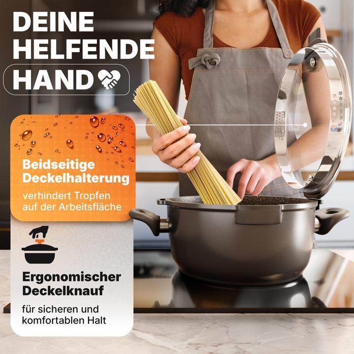 Produktbild Stoneline Future Topfset 8 teilig mit Sieb Deckeln, beschichtete Töpfe, Pfannen Induktion geeignet (24 cm, Kochtopf, Bratpfanne, Stielkasserolle, Bräter + Schmortopf, Aluminiumguss)