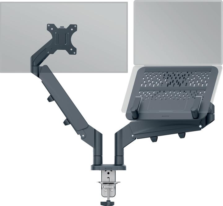 Productafbeelding Leitz Ergo ruimtebesparende dubbele monitorarm met laptophouder (Tabel, 32")