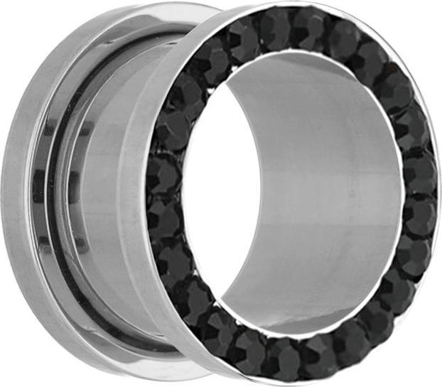 Produktbild Star Piercing Flesh Tunnel silber mit Kristall schwarz (ohne Messing, Chirurgenstahl 316L)