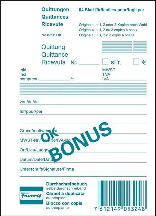 Favorit Carbon Copy Book OK Bonus Receipts (84 x)