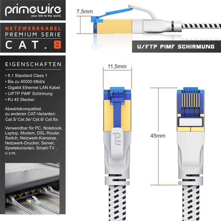 Immagine prodotto Primewire Cavo di rete CAT 8 con rivestimento in cotone piatto - cavo patch LAN - cavo dati - cavo a nastro (U/FTP, CAT8.1, 0.50 m)