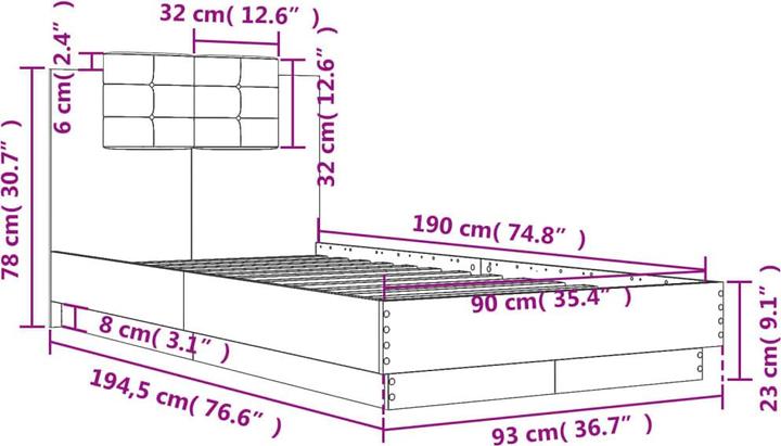 Actual product image VidaXL Bed frame with headboard and LED lights 90 x 200cm (90 x 200 cm)
