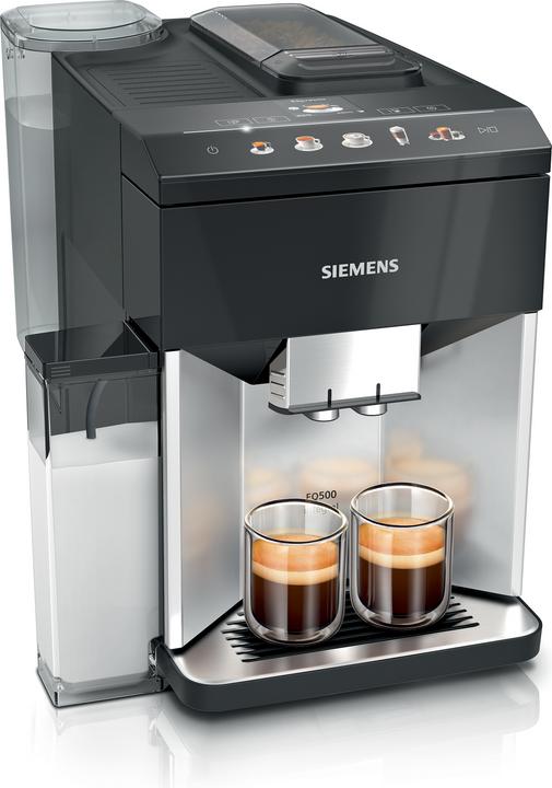 Actual product image Siemens Fully automatic coffee maker, EQ500 integral, Daylight silver, piano lacquer black, TQ513D01 (CH plug)