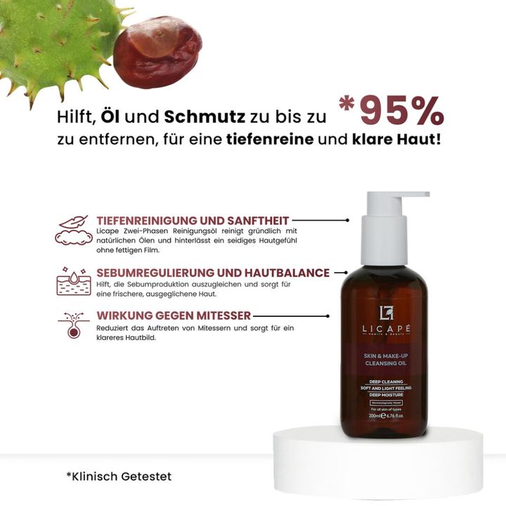 Actual product image Licape Reinigungsöl 200 ml - Zweiphasen-Reiniger für Haut & Make-up mit Anti-Akne