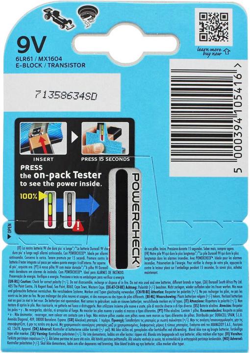 Produktbild Duracell Ultra Power Alkaline 9V Batterien ideal für Rauchmelder, Rauchwarnmelder (9V Block)