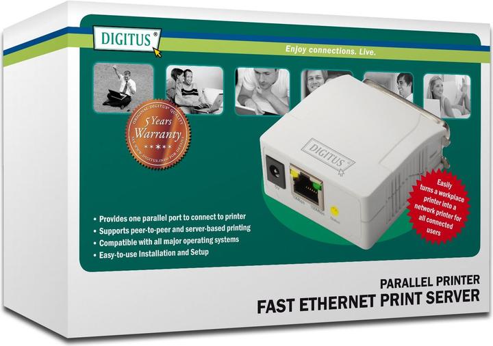 Actual product image Digitus Fast Ethernet print server 1xParallel 1xRJ-45 incl. power supply unit