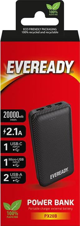 Image du produit Eveready PX20B - Banque d'alimentation 20000 mAh 2x USB-A (Noir) (20000 mAh, 74000 Wh)