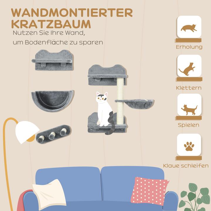 Produktbild PawHut Katzen Kletterwand Spanplatte, Polyester Grau (73 cm, Grau)
