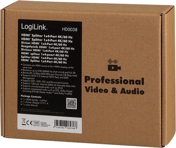 Produktbild LogiLink HD0038 HDMI Splitter 1x4-Port, 4K/60 Hz, HDCP, EDID, HDR, CEC, downscaler