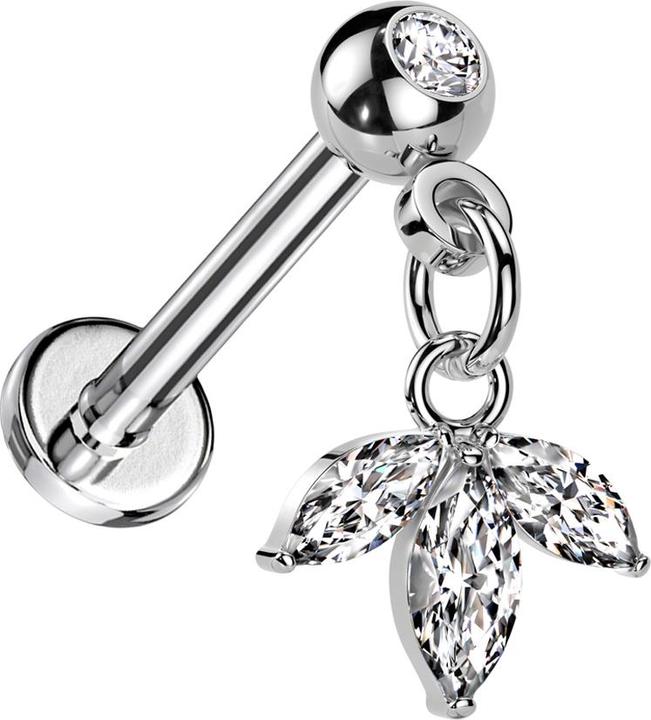 Produktbild Hollywood Body Jewelry Micro Threadless Labret silber mit Kugel mit Kristall silber Anhänger Blatt drei Ovale Kristalle sil (Chirurgenstahl 316L, Messing)
