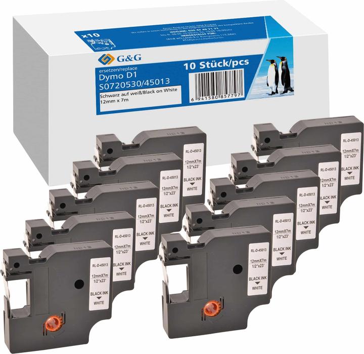 Produktbild 10x Schriftband -VORTEILSPACK- Kompatibel mit Dymo D1/ 45013/ S0720530/ 2093097 (1.20 cm, Weiss)