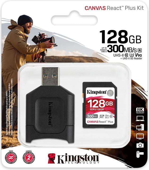Produktbild Kingston Canvas React Plus, inkl Adapter (128 GB, SDXC, U3, UHS-II)
