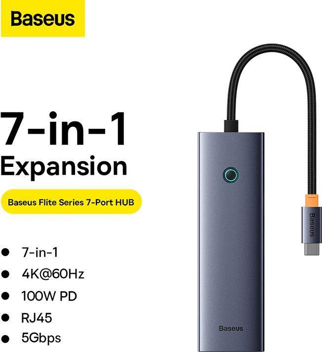 Image du produit Baseus Hub 7w1 UltraJoy 7-Port ( USB-C vers 1xHDMI4K@30Hz + 2xUSB 3.0 + 1xPD +RJ45 + SD/TF3.0) (7 Ports)