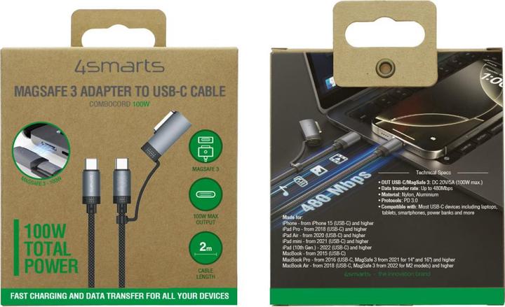 Image du produit 4smarts MagSafe 3 Adapter + USB-C Kabel (2 m, USB 3.2 Gen 1, 100 W)