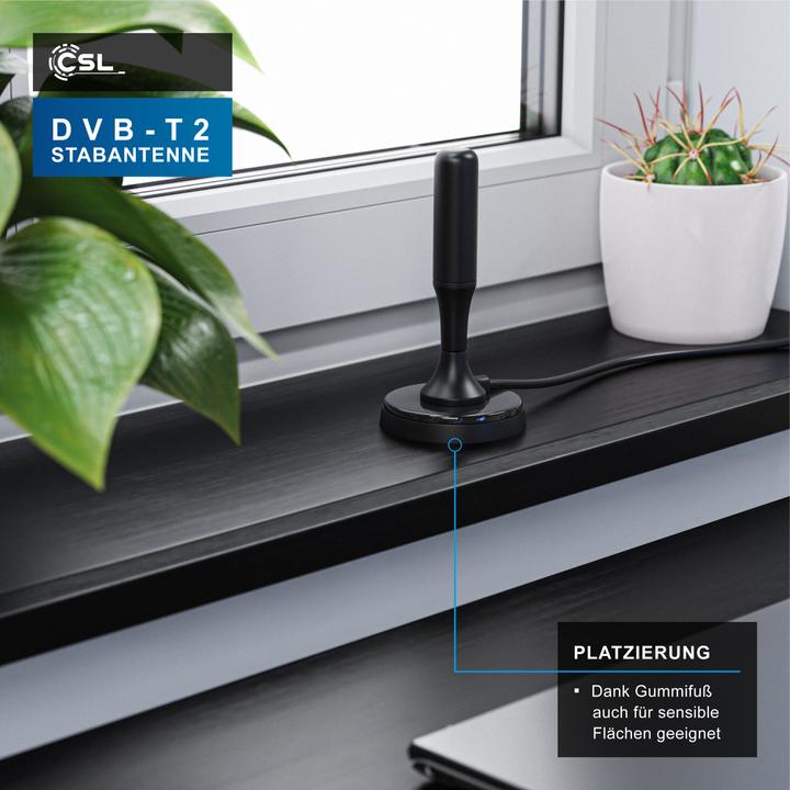 Produktbild CSL DVB-T2 Stabantenne für Innenbereich, digitale Antenne mit 4m Kabel / inkl. F-Stecker Adapter (Stabantenne, 5 dB, DVB-T / -T2)