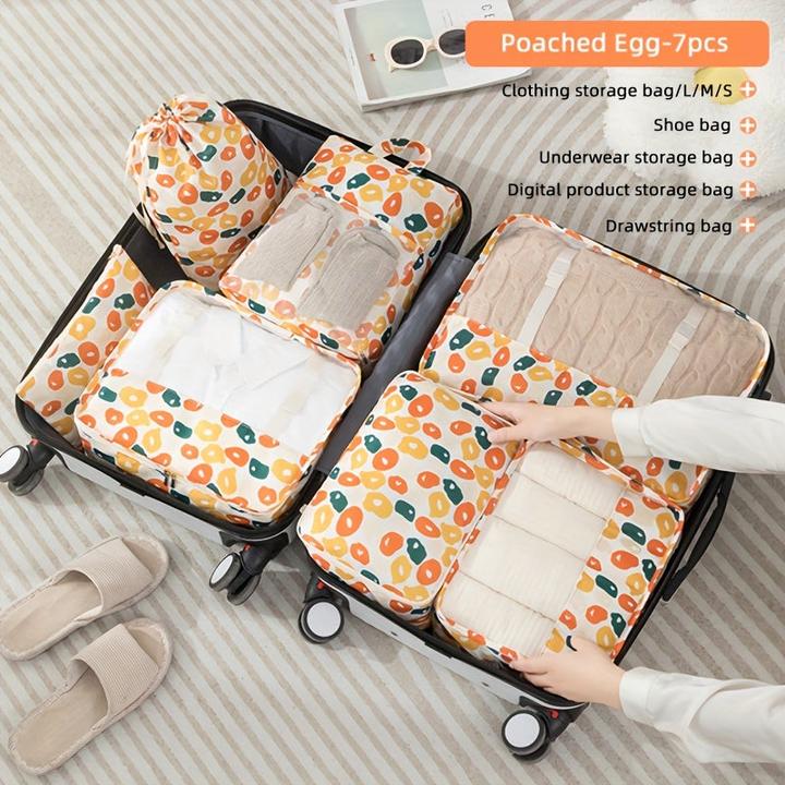 Only-Bags.Store 7 pieces travel packing cubes with fruit print, portable mesh garment storage bag