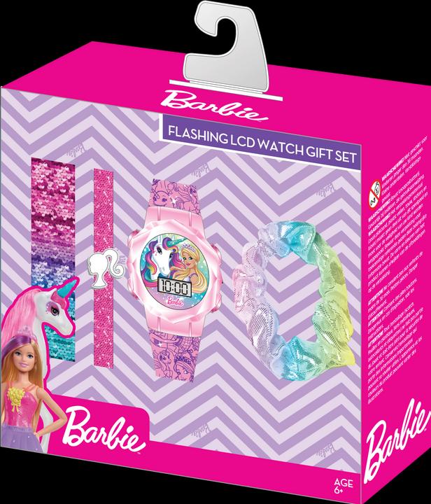 Accutime Armbanduhr Set Barbie mit Accessoires, Kinder LCD-Uhr mit digitaler Anzeige, blinkende LEDs (Digitaluhr)