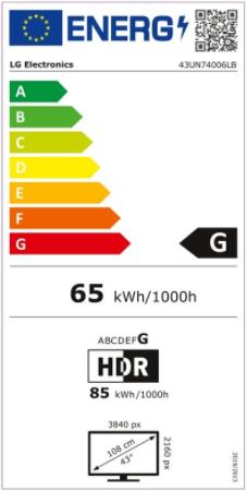 Energy Label LG 43UN74003LB - 109.2 cm (43 inch) - 3840 x 2160 pixel - LED - Smart-TV - WLAN - S (43", LED, 4K, 2020)