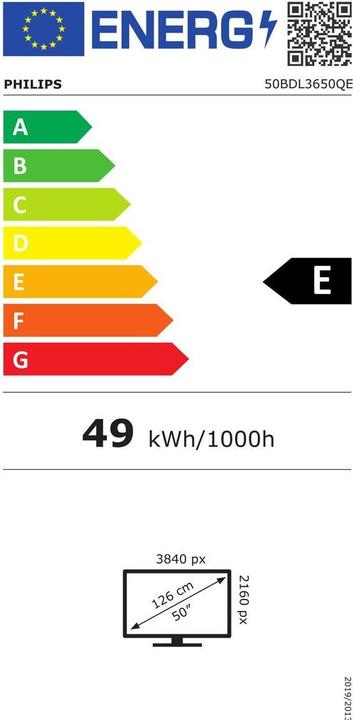 Energie-Label Philips Signage Display 50BDL3650QE/00 50", UHD, 18/7, 350cd/m², Android (3840 x 2160 Pixel, 49.50")