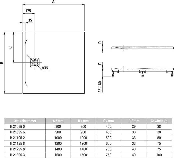Image du produit Laufen Receveur de douche PRO carr. Abl latéral 1500x1500x40mm blanc ma